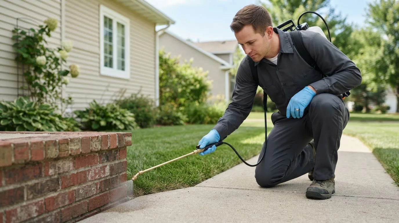 Pest control technician treating a home near Malden, IL
